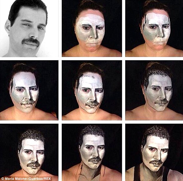 Maria, here transforming herself into Freddie Mercury, hopes to arrange to teach classes in the UK and Holland, and prepare for her classes at the Fabiac Face and Body Art International Event in Miami next year