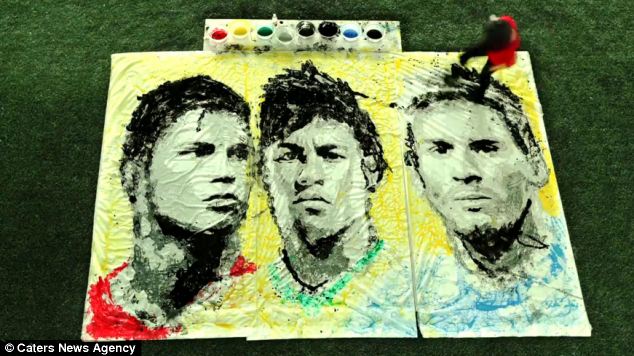 Having a ball: 'Red' Hong Yi creates paintings of World Cup stars Cristiano Ronaldo, Neymar and Lionel Messi using her feet